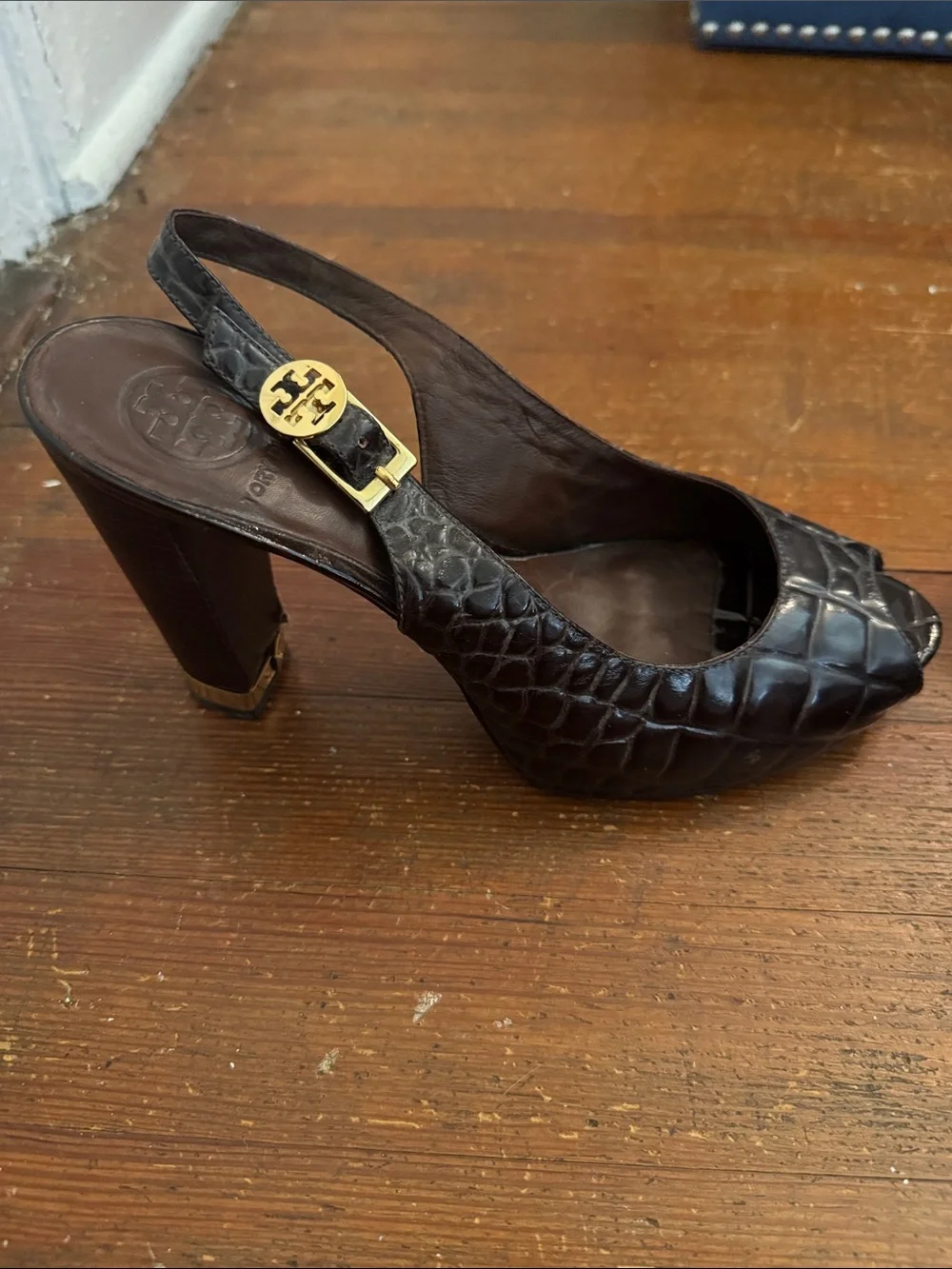 Tory Burch Dark Brown Croc-Embossed Peep-Toe Slingback Heels with Gold Buckle - Picture 5 of 11